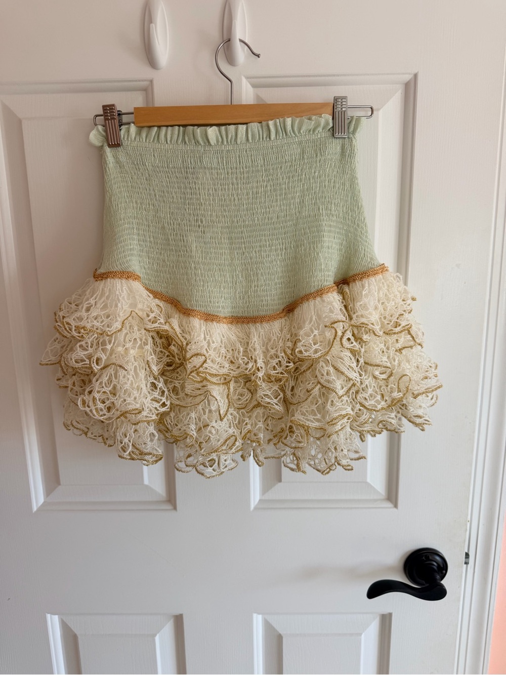 NWT- My Beachy Side Tiered Ruffle Mini Skirt in Sage and Cream - Picture 2 of 6
